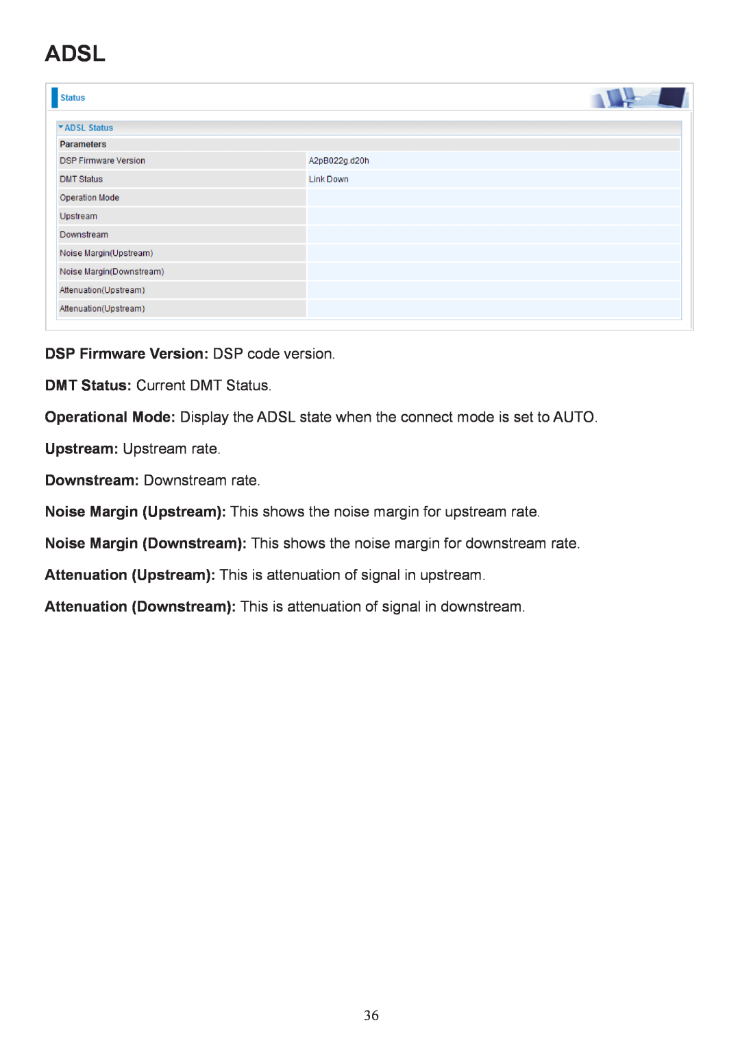 Billion Electric Company 7800 user manual Adsl, DSP Firmware Version DSP code version 