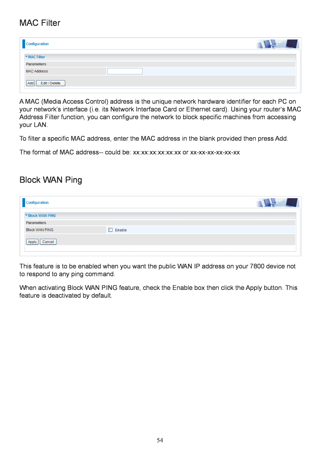 Billion Electric Company 7800 user manual MAC Filter, Block WAN Ping 