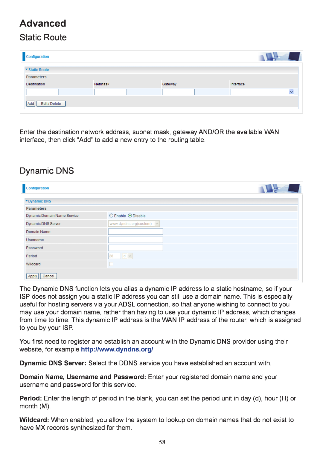 Billion Electric Company 7800 user manual Advanced, Static Route, Dynamic DNS 