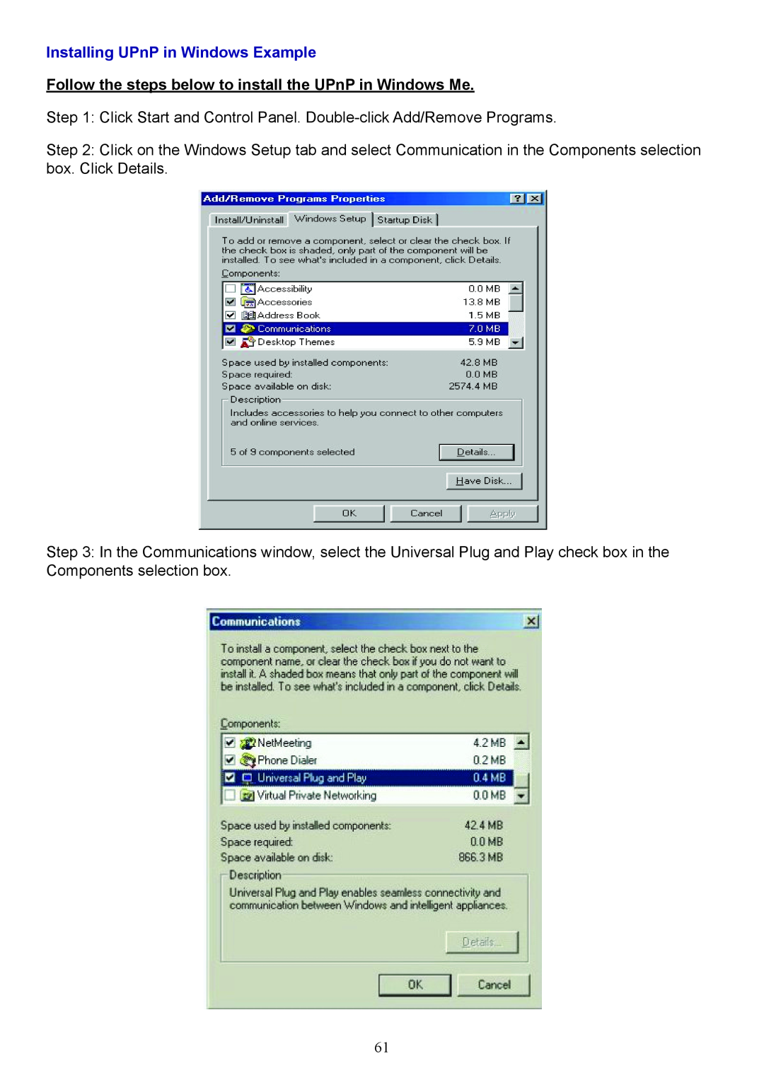 Billion Electric Company 7800 Installing UPnP in Windows Example, Follow the steps below to install the UPnP in Windows Me 