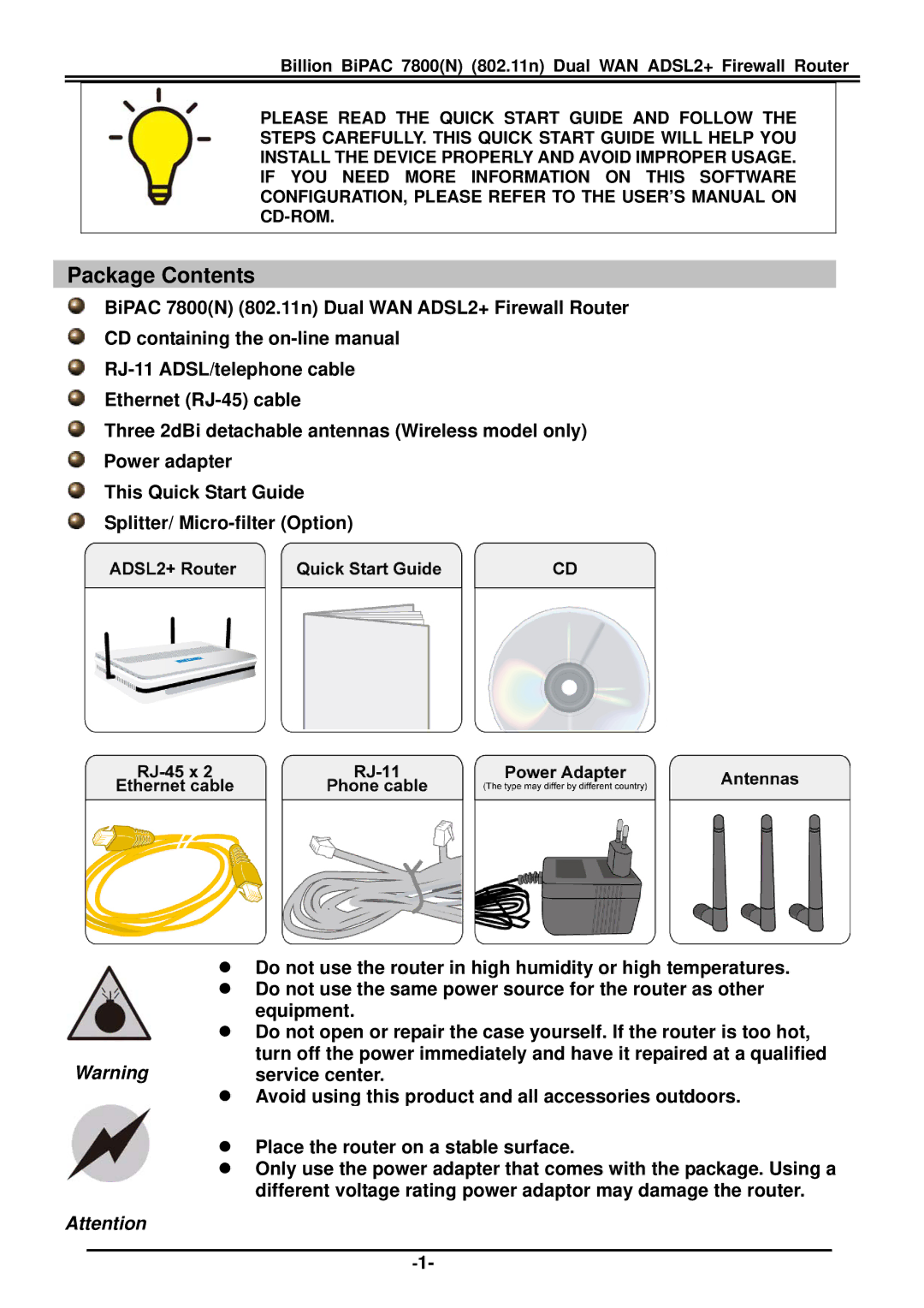 Billion Electric Company 7800(N) quick start Package Contents 