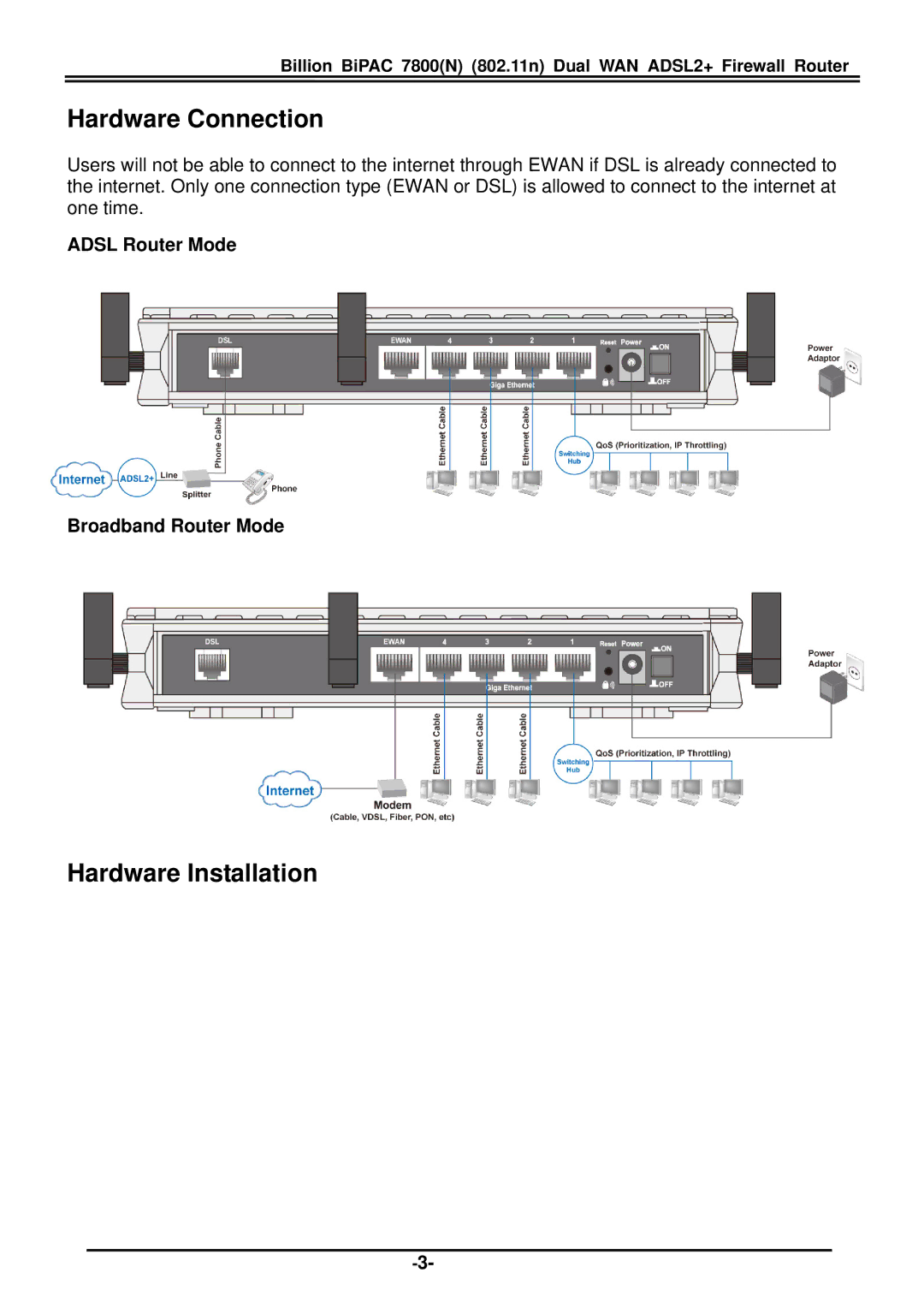 Billion Electric Company 7800(N) Hardware Connection, Hardware Installation, Adsl Router Mode Broadband Router Mode 