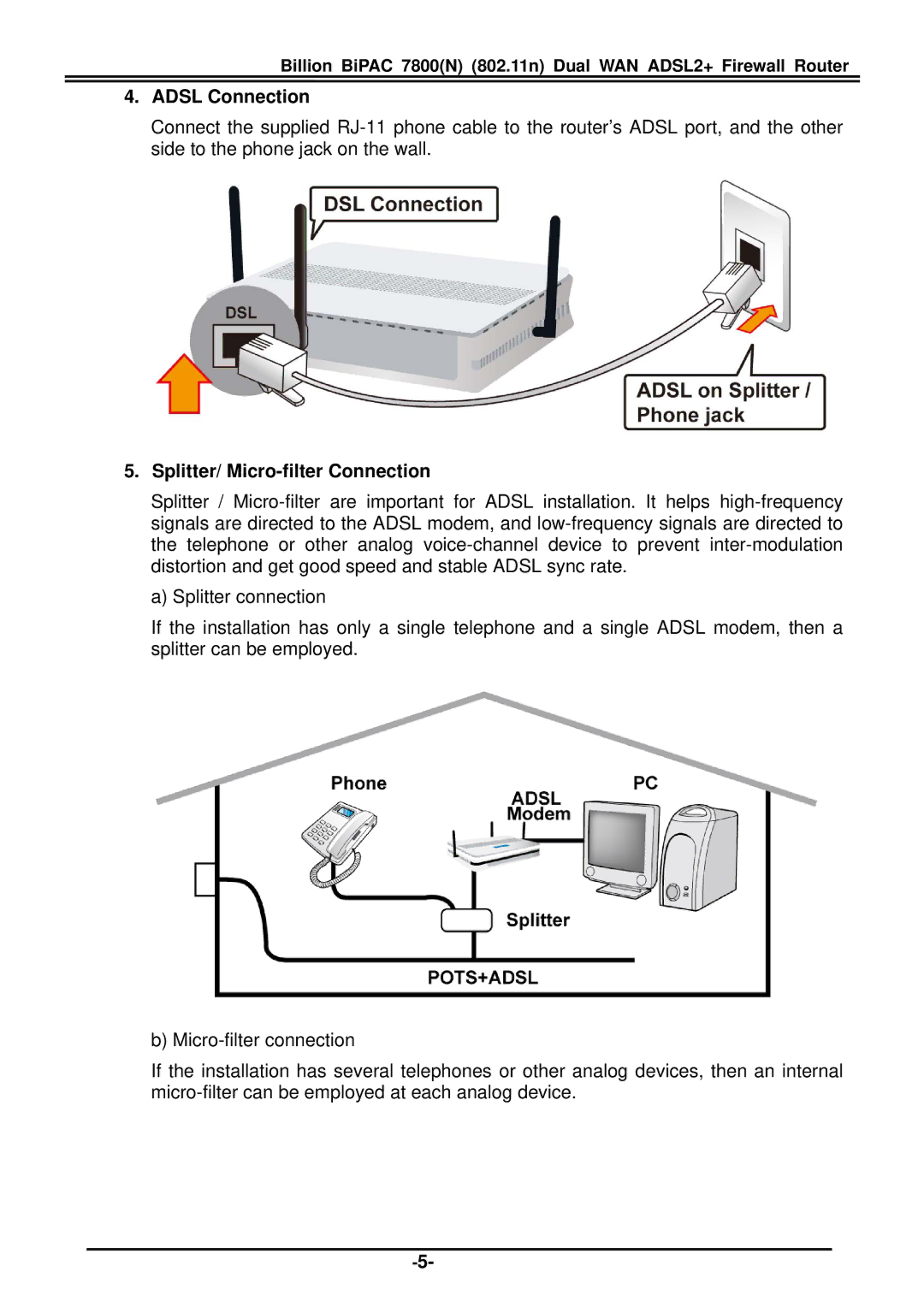 Billion Electric Company 7800(N) quick start Adsl Connection, Splitter/ Micro-filter Connection 