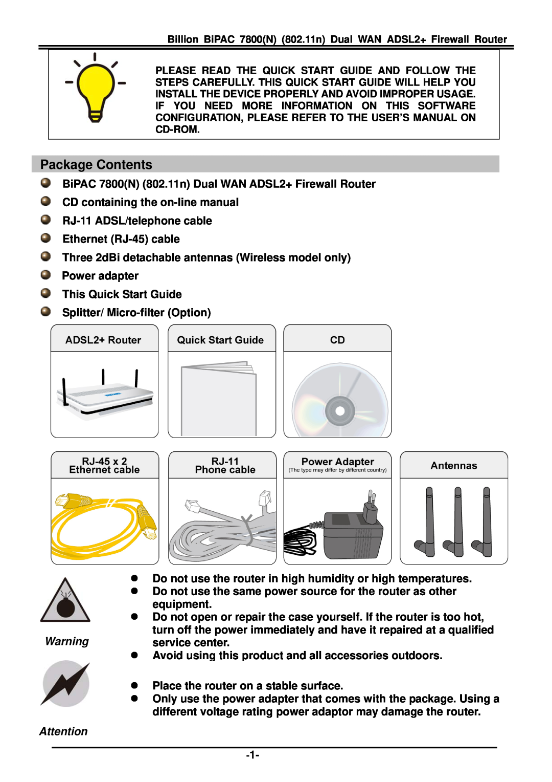 Billion Electric Company 7800(N) quick start Package Contents 