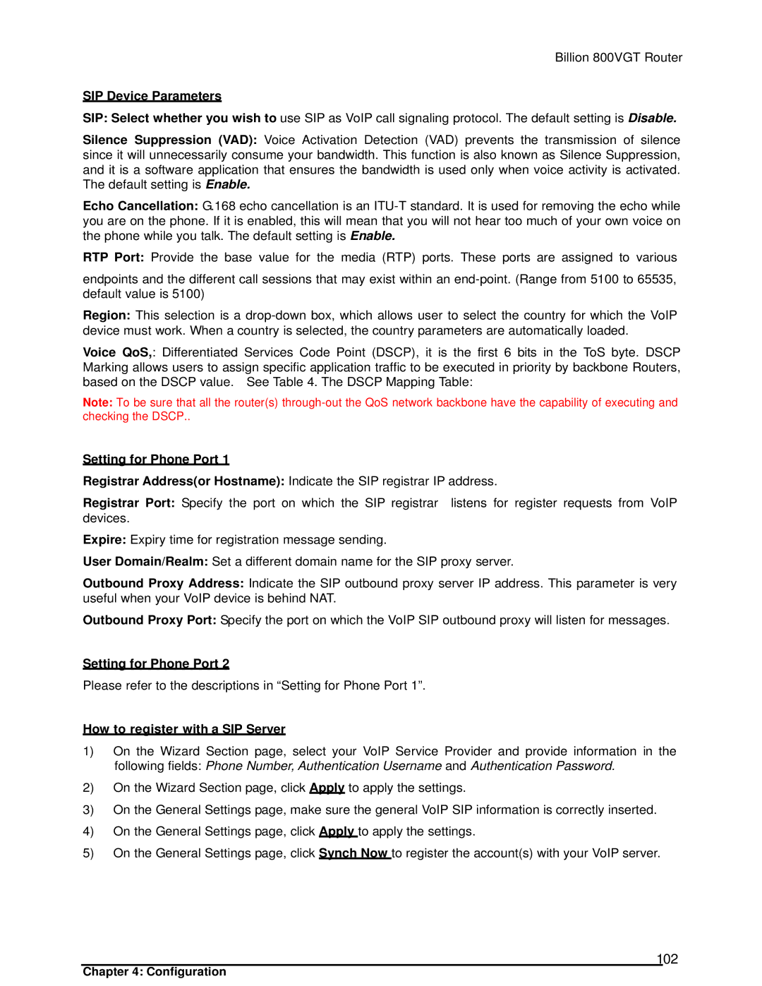 Billion Electric Company 800VGT manual 102, SIP Device Parameters, How to register with a SIP Server 