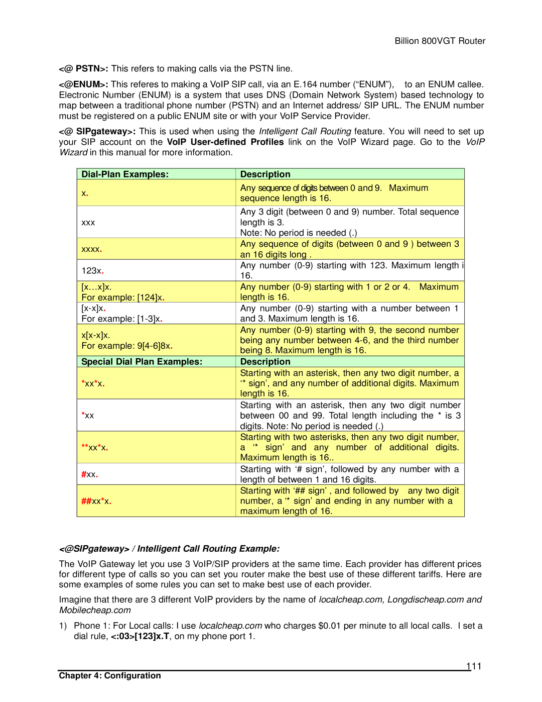 Billion Electric Company 800VGT manual 111, Dial-Plan Examples Description, Special Dial Plan Examples Description 