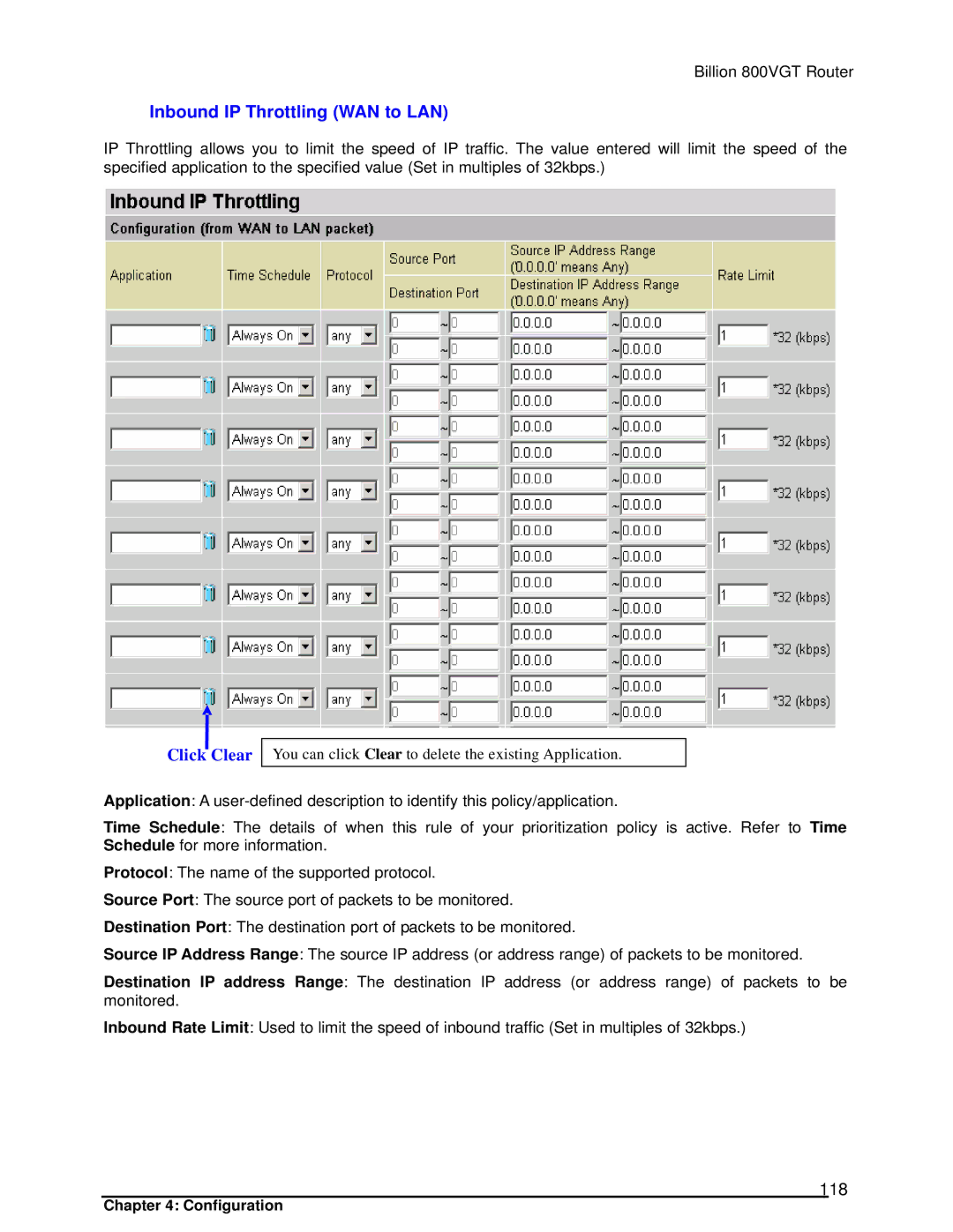 Billion Electric Company 800VGT manual Inbound IP Throttling WAN to LAN, 118 