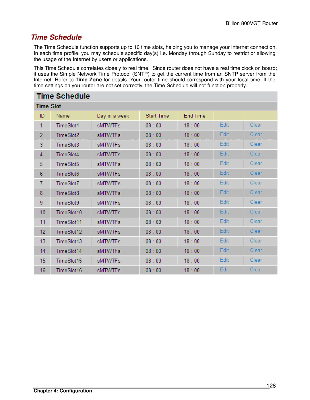 Billion Electric Company 800VGT manual Time Schedule, 128 