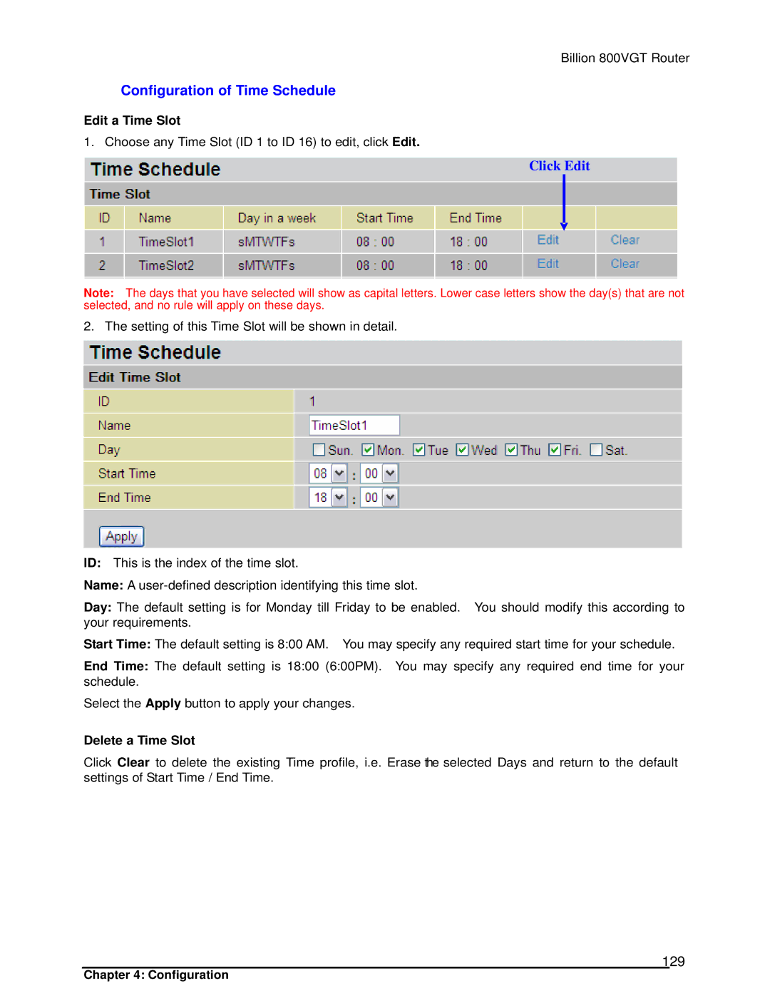 Billion Electric Company 800VGT Configuration of Time Schedule, Click Edit, 129, Edit a Time Slot, Delete a Time Slot 