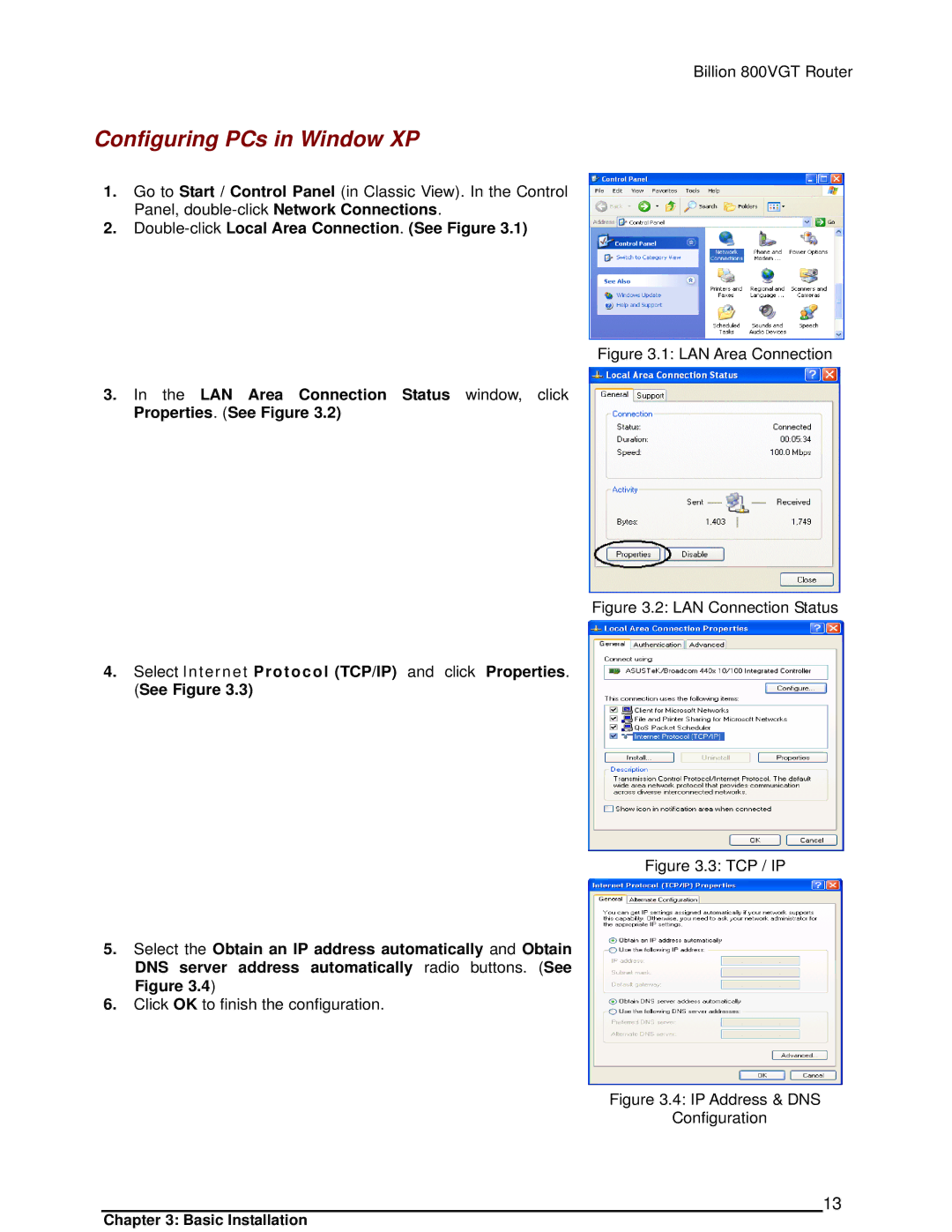 Billion Electric Company 800VGT manual Configuring PCs in Window XP, Double-clickLocal Area Connection. See Figure 