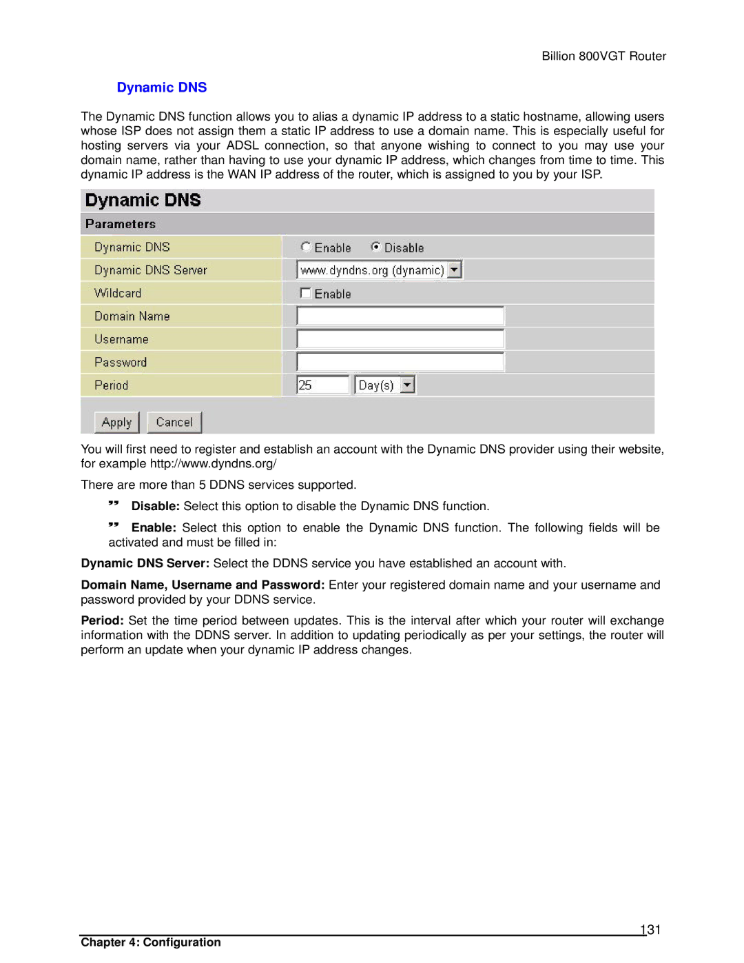 Billion Electric Company 800VGT manual Dynamic DNS, 131 