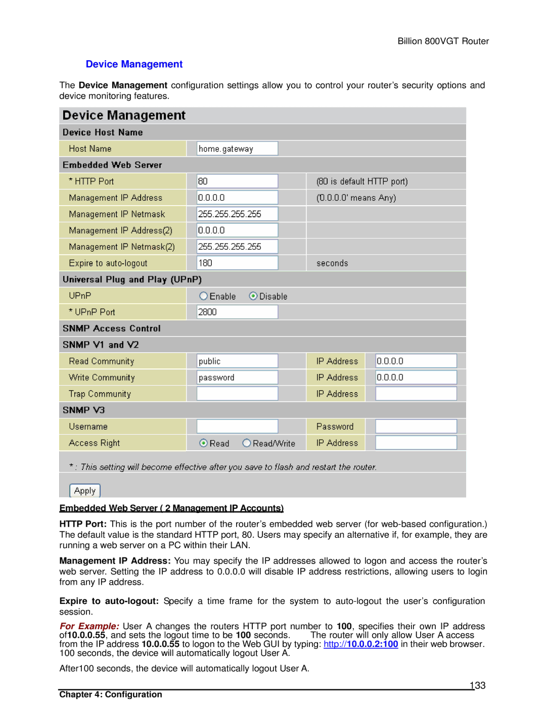 Billion Electric Company 800VGT manual Device Management, 133, Embedded Web Server 2 Management IP Accounts 