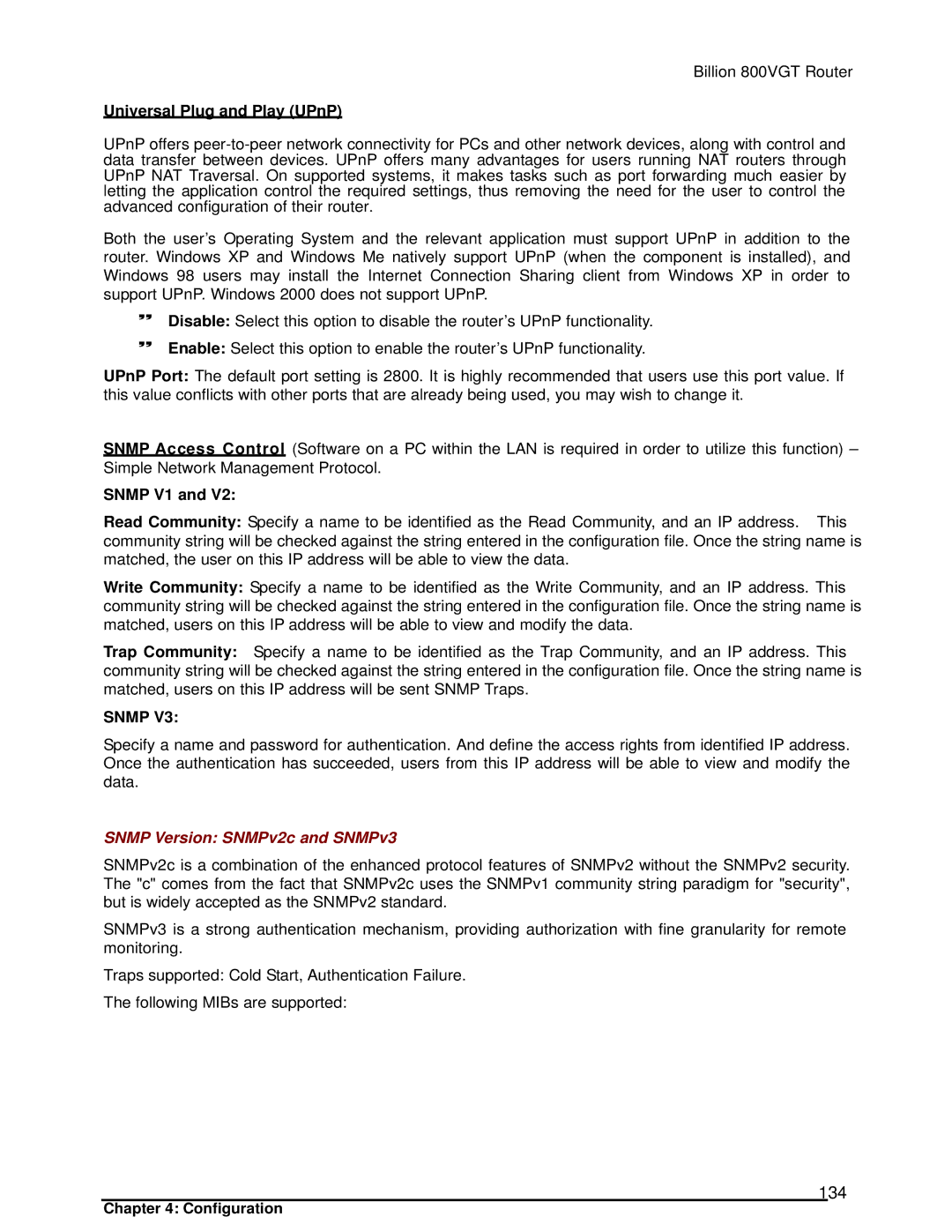 Billion Electric Company 800VGT manual 134, Snmp V1, Snmp Version SNMPv2c and SNMPv3 