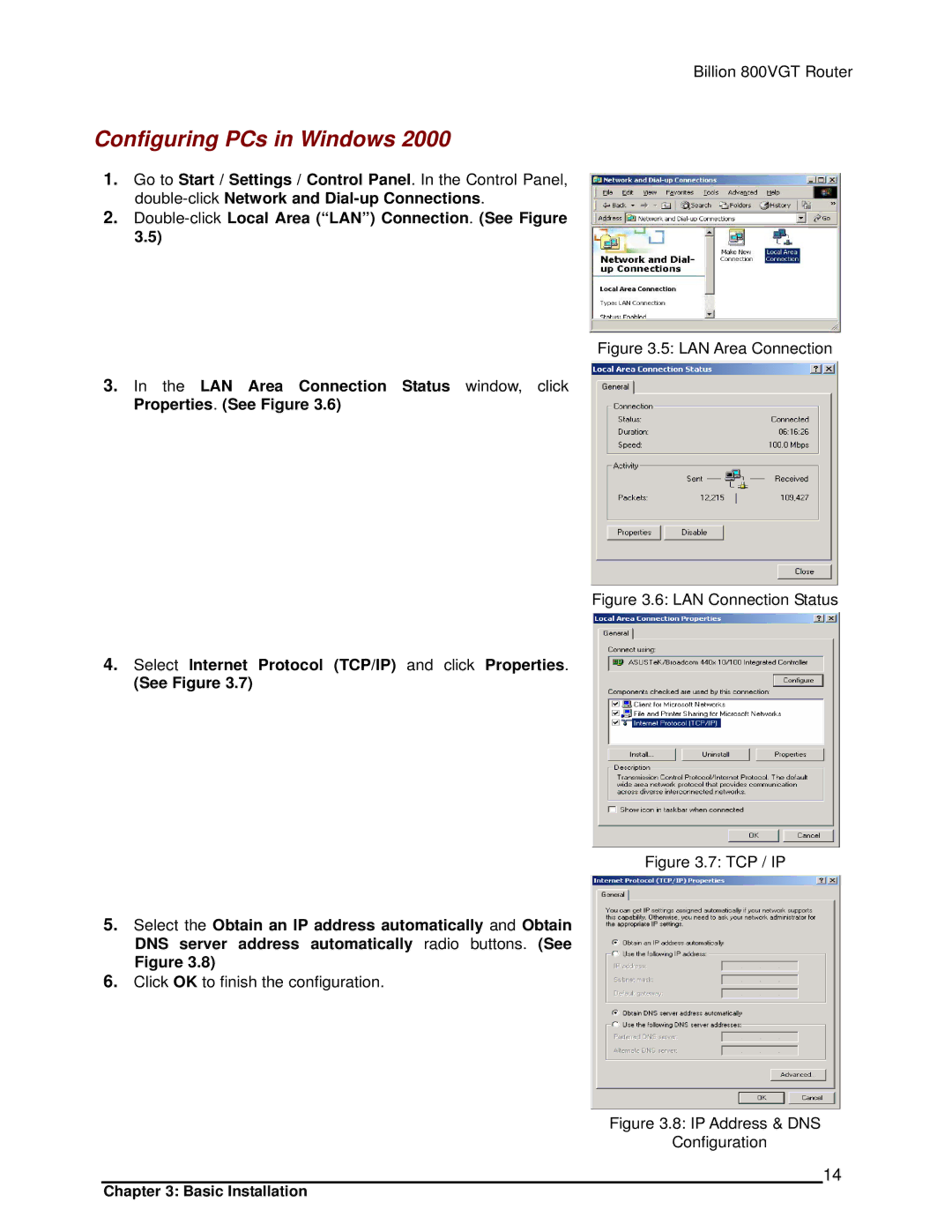 Billion Electric Company 800VGT manual Configuring PCs in Windows, LAN Connection Status 