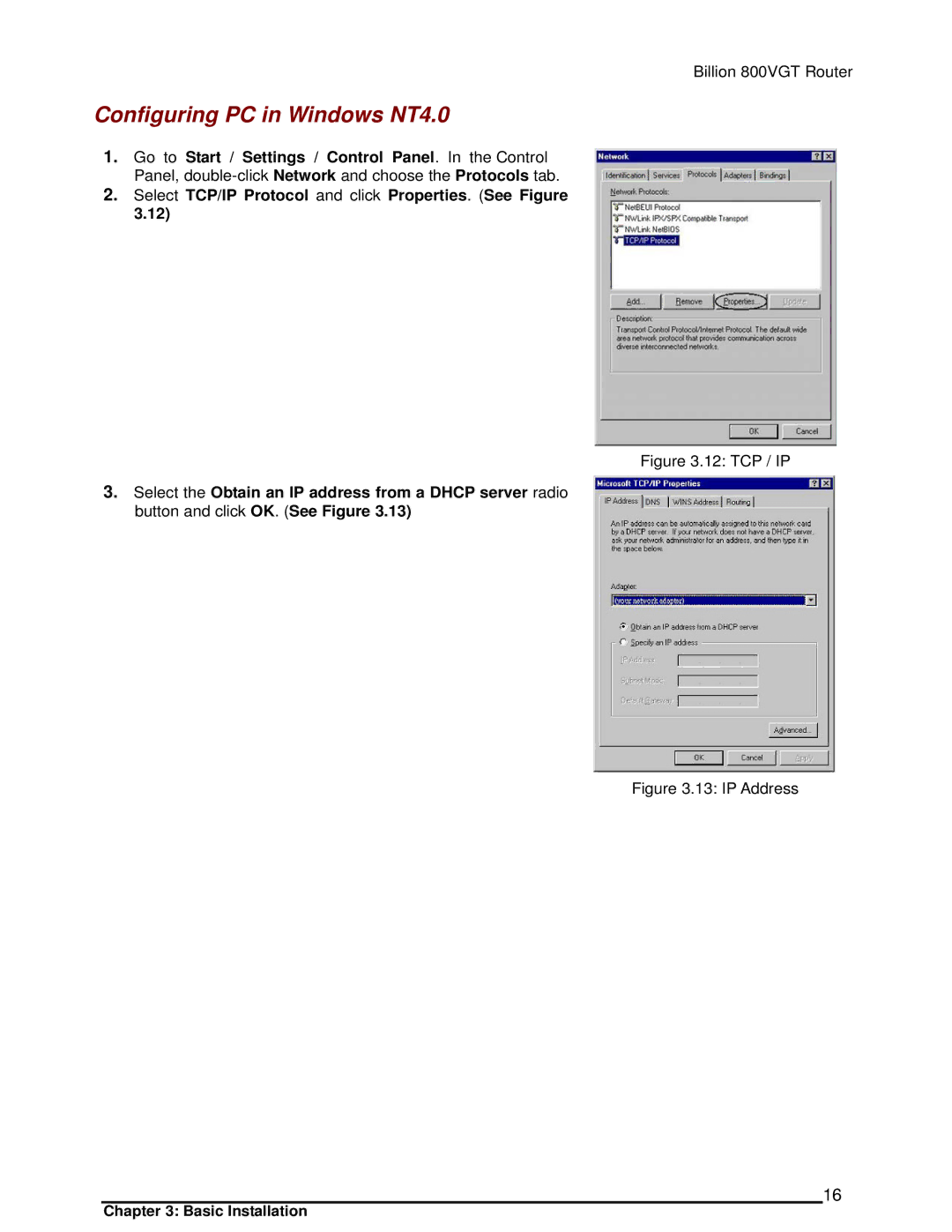 Billion Electric Company 800VGT manual Configuring PC in Windows NT4.0, Tcp / Ip 