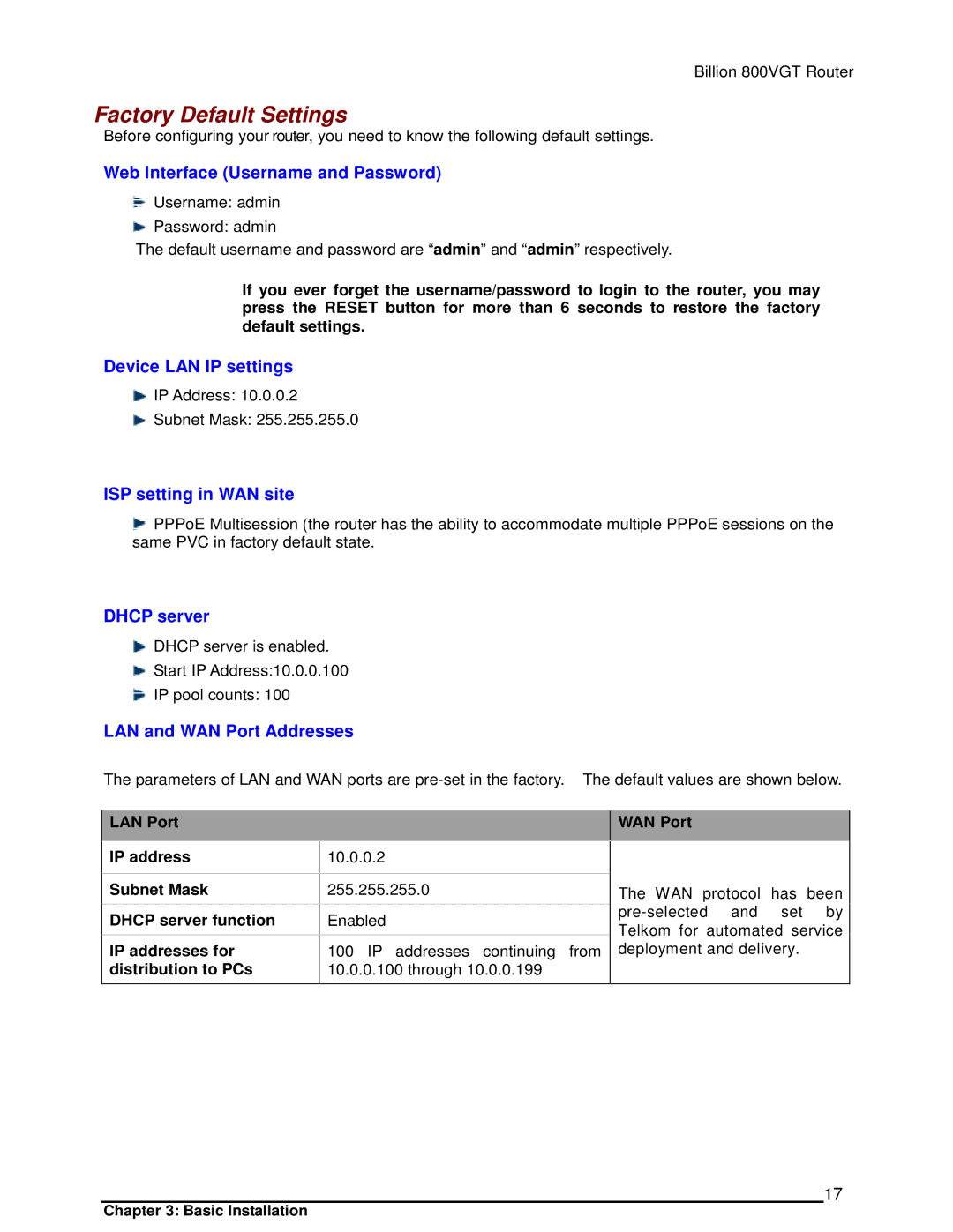 Billion Electric Company 800VGT manual Factory Default Settings 