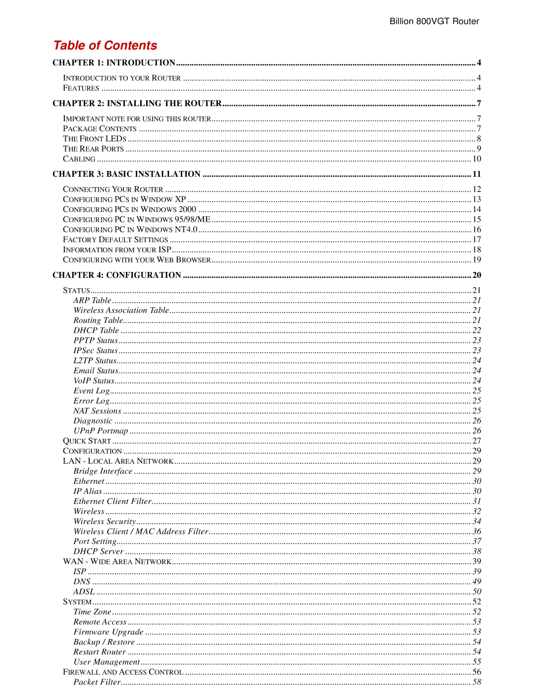 Billion Electric Company 800VGT manual Table of Contents 