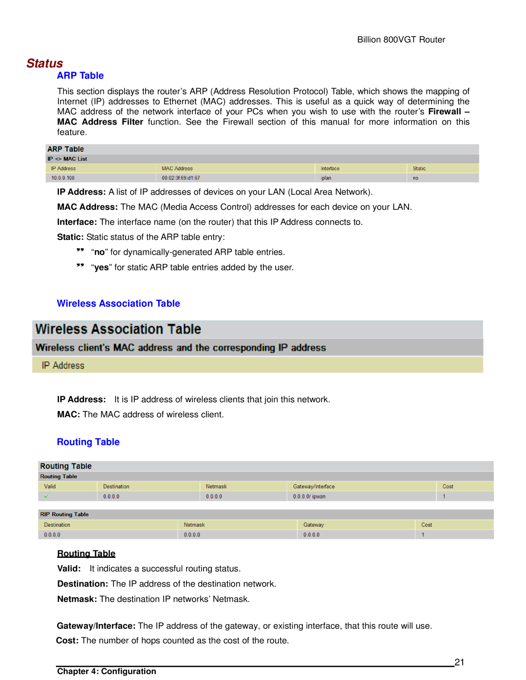 Billion Electric Company 800VGT manual Status, ARP Table, Wireless Association Table, Routing Table 