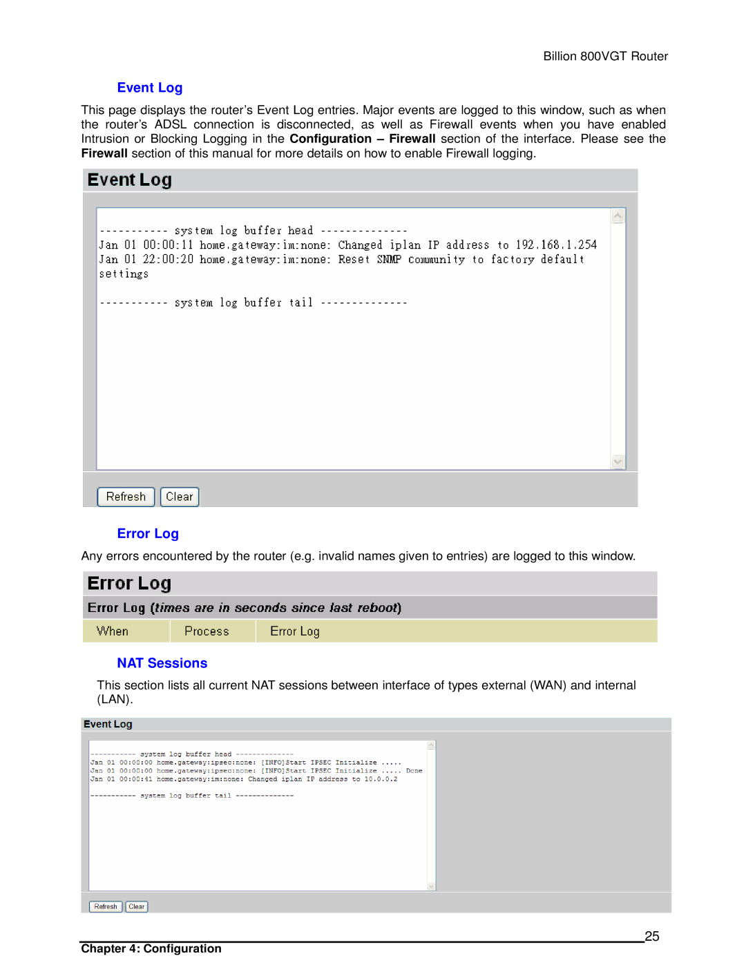 Billion Electric Company 800VGT manual Event Log, Error Log, NAT Sessions 