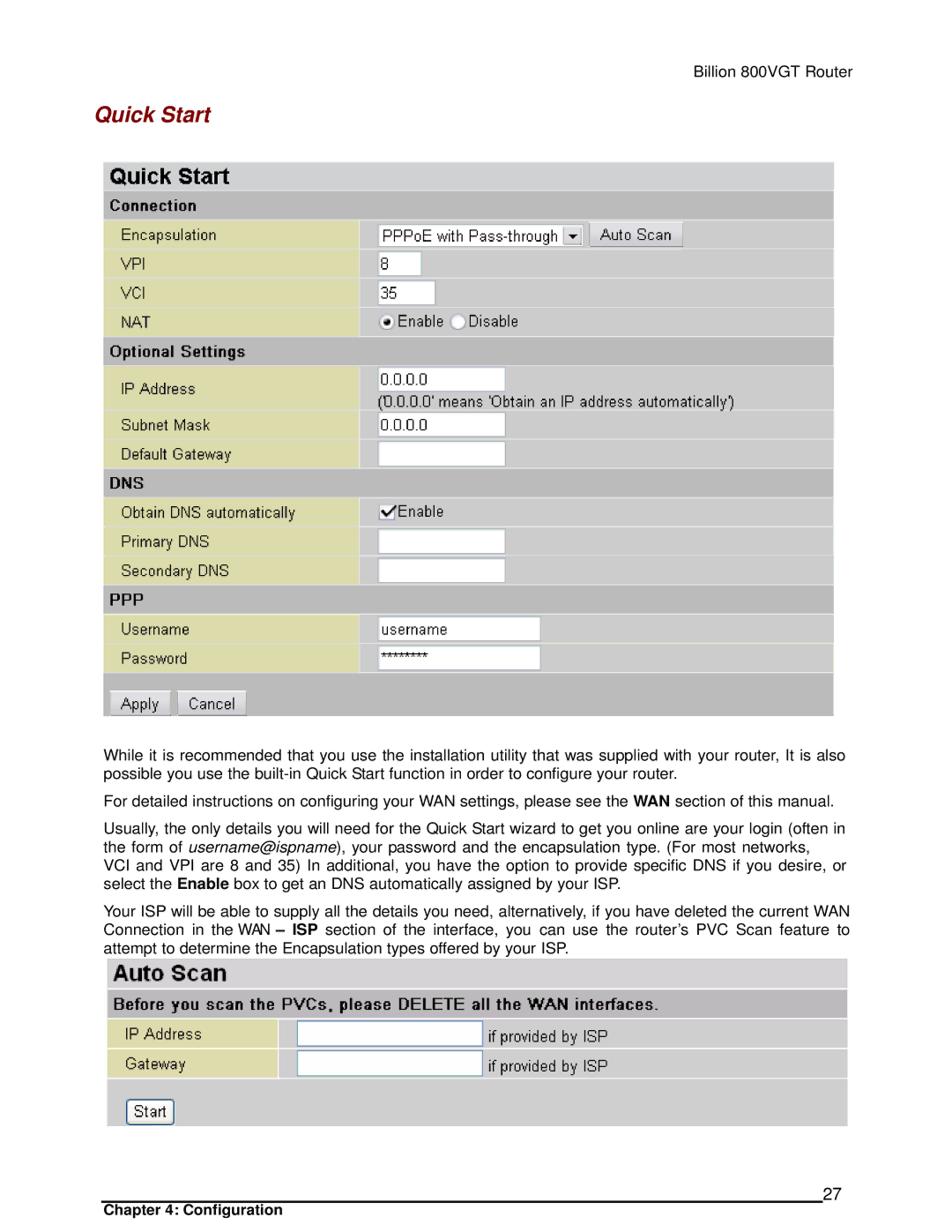 Billion Electric Company 800VGT manual Quick Start 