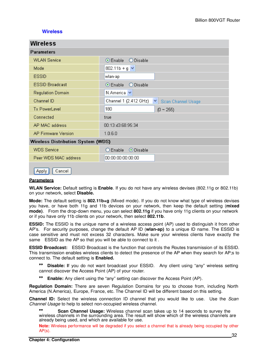 Billion Electric Company 800VGT manual Wireless, Parameters 