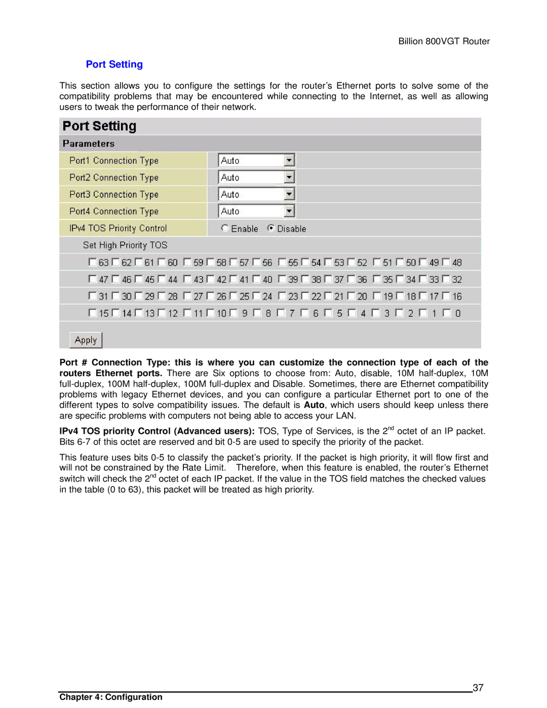 Billion Electric Company 800VGT manual Port Setting 