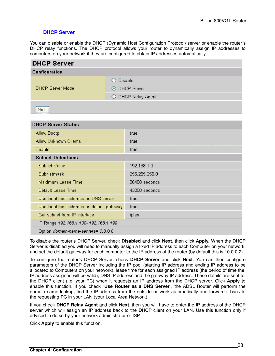 Billion Electric Company 800VGT manual Dhcp Server 