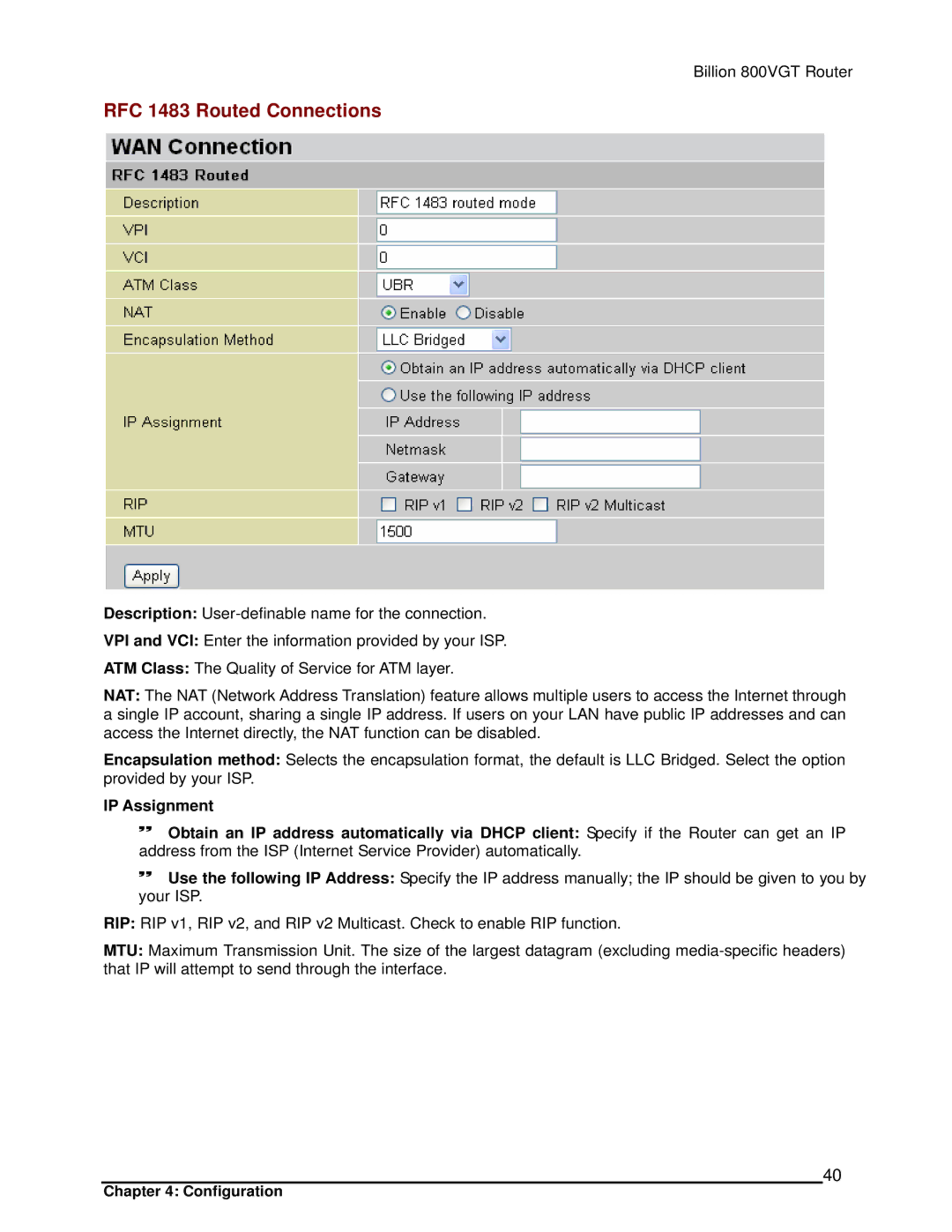 Billion Electric Company 800VGT manual RFC 1483 Routed Connections 