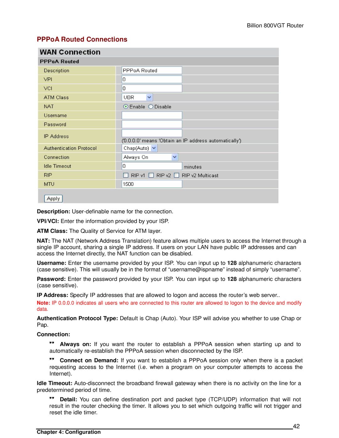 Billion Electric Company 800VGT manual PPPoA Routed Connections 