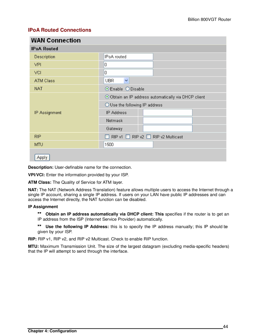 Billion Electric Company 800VGT manual IPoA Routed Connections 