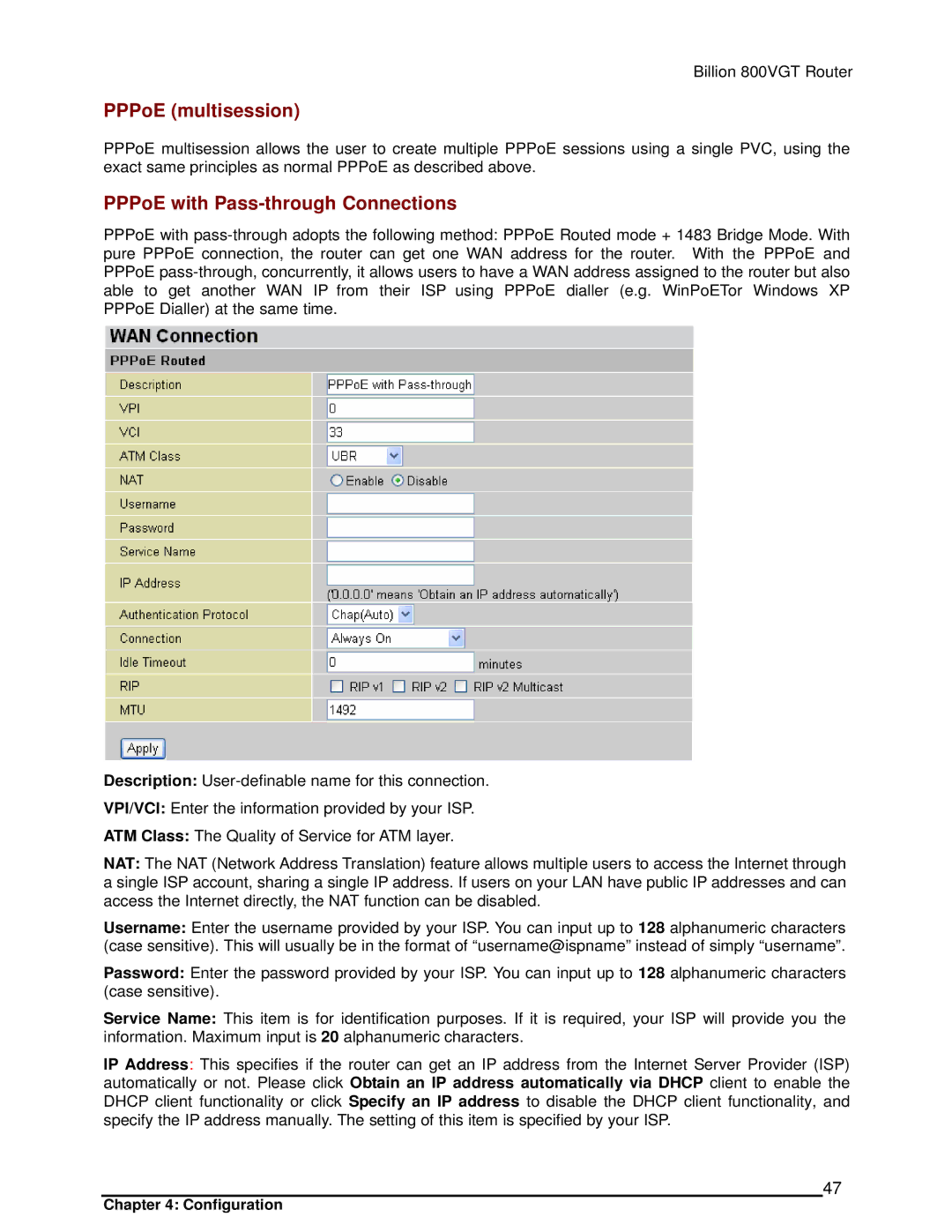 Billion Electric Company 800VGT manual PPPoE multisession, PPPoE with Pass-through Connections 