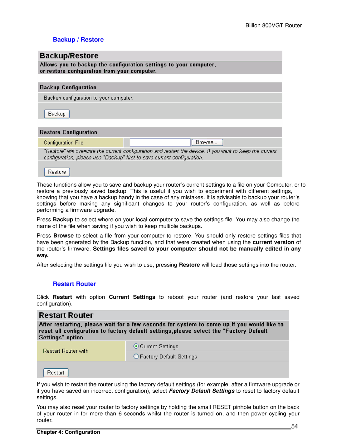 Billion Electric Company 800VGT manual Backup / Restore, Restart Router, Way 