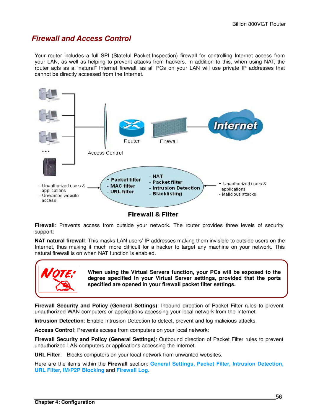 Billion Electric Company 800VGT manual Firewall and Access Control 