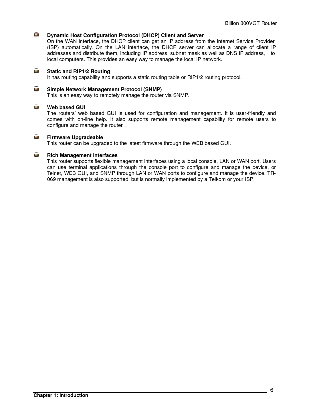 Billion Electric Company 800VGT Dynamic Host Configuration Protocol Dhcp Client and Server, Static and RIP1/2 Routing 