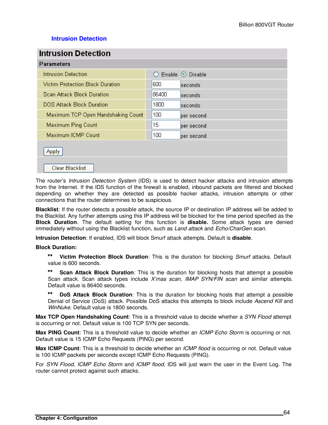 Billion Electric Company 800VGT manual Intrusion Detection, Block Duration 