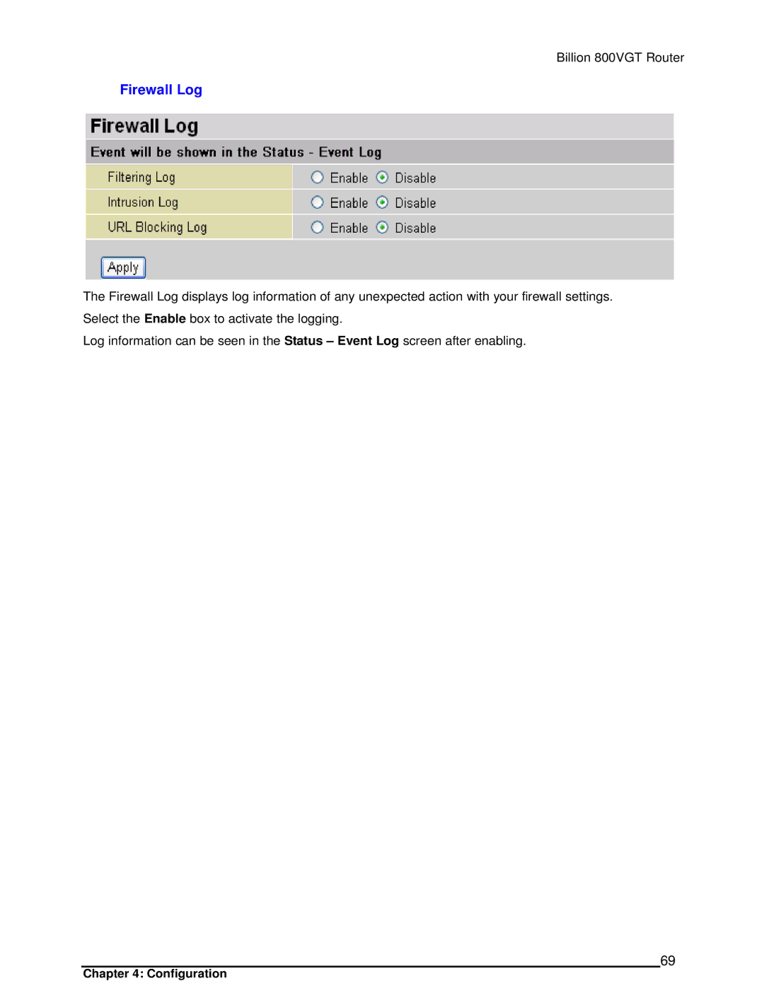 Billion Electric Company 800VGT manual Firewall Log 