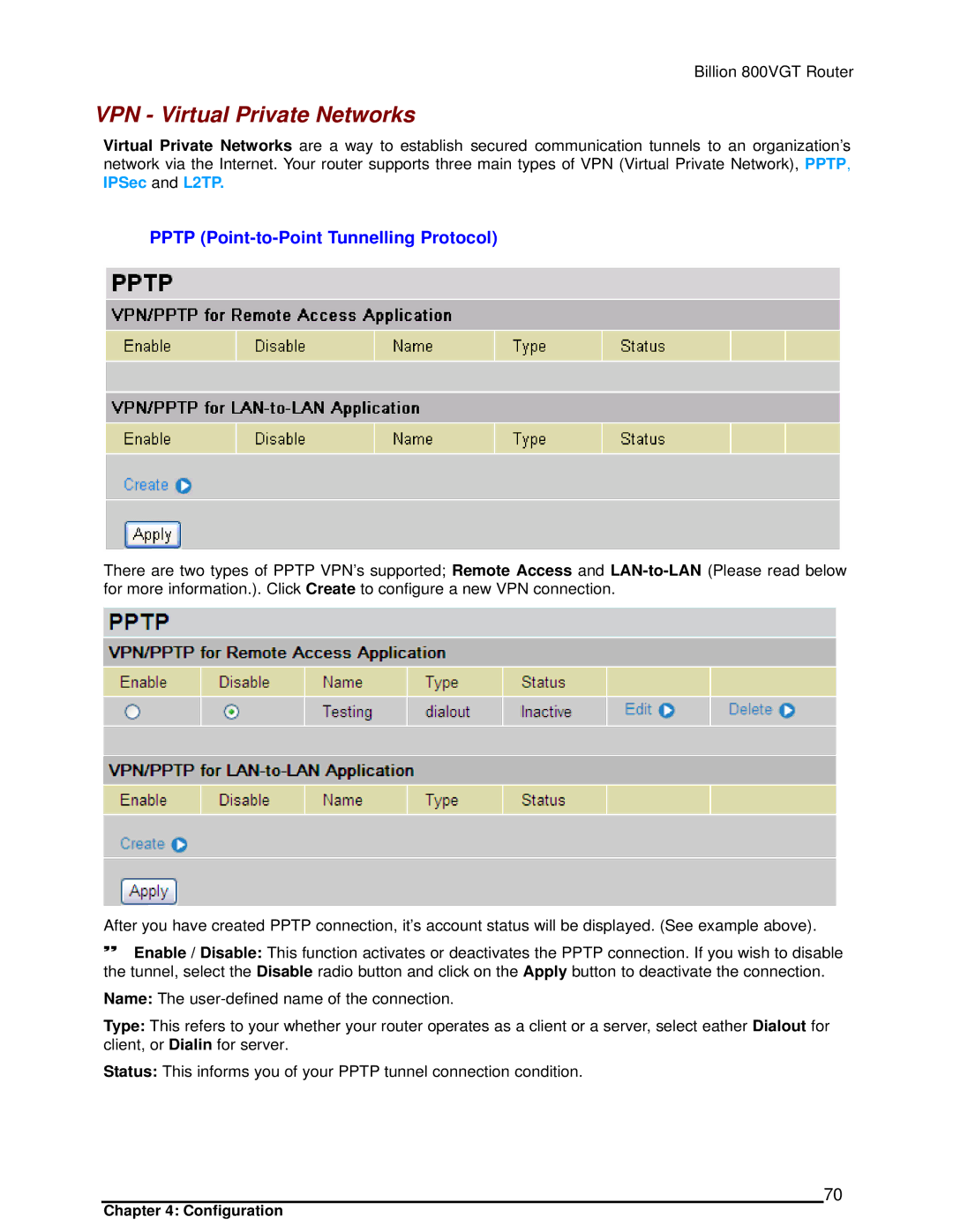 Billion Electric Company 800VGT manual VPN Virtual Private Networks, Pptp Point-to-Point Tunnelling Protocol 