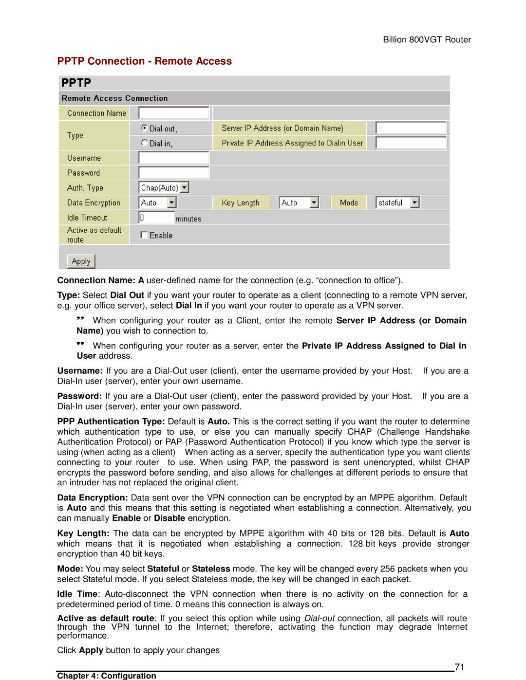 Billion Electric Company 800VGT manual Pptp Connection Remote Access 