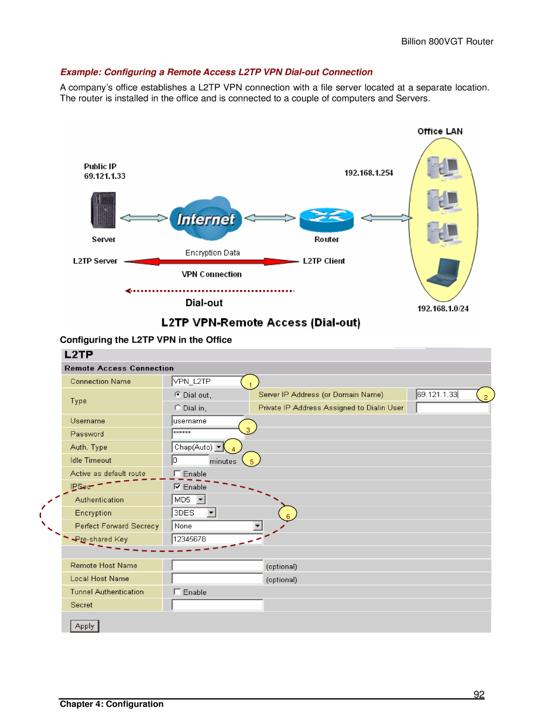 Billion Electric Company 800VGT manual Dial-out, Configuring the L2TP VPN in the Office Configuration 