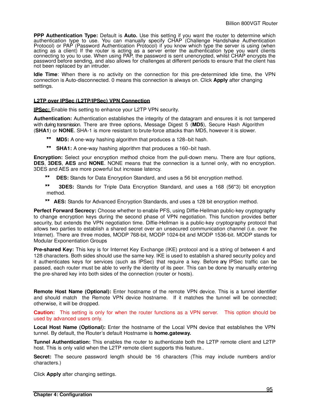 Billion Electric Company 800VGT manual L2TP over IPSec L2TP/IPSec VPN Connection 