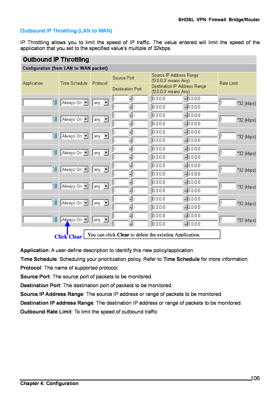 Billion Electric Company 8501 user manual Click Clear, Outbound IP Throttling LAN to WAN 