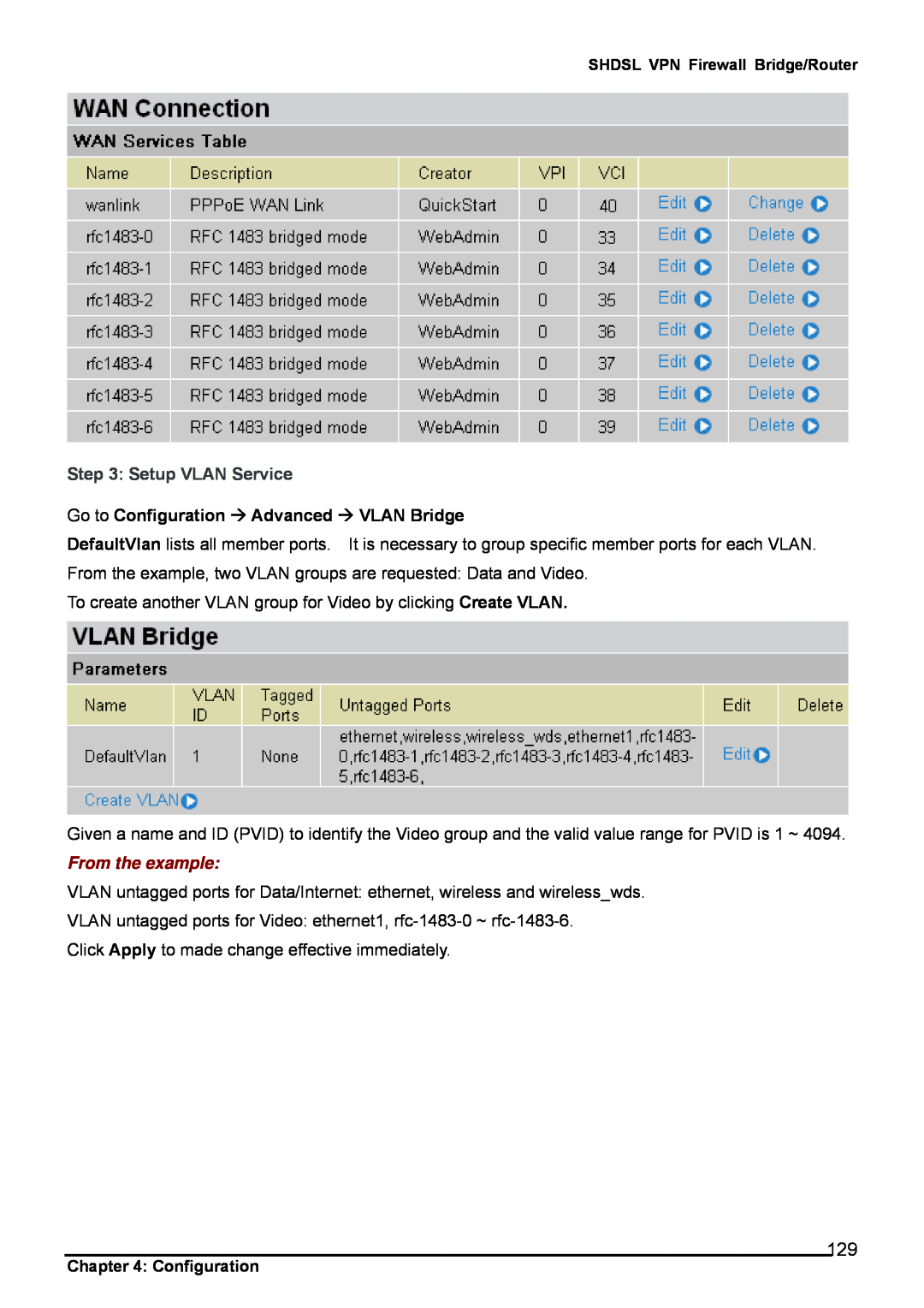 Billion Electric Company 8501 user manual Setup VLAN Service, Go to Configuration Advanced VLAN Bridge, From the example 