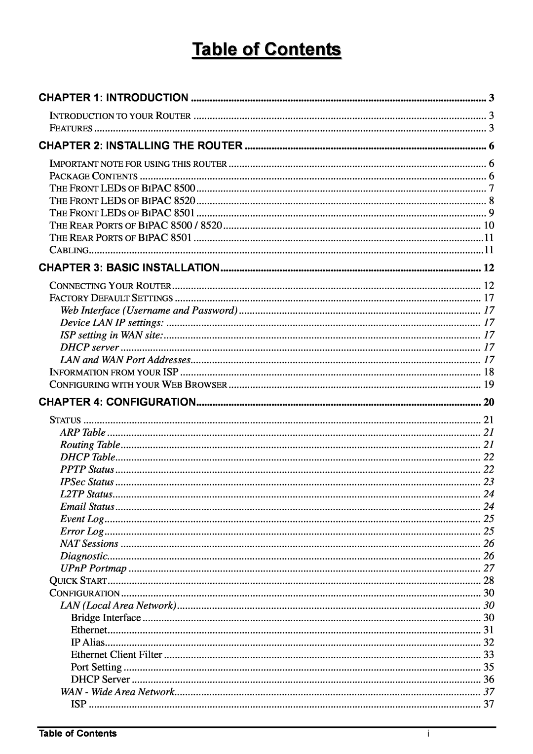 Billion Electric Company 8501 user manual Table of Contents 