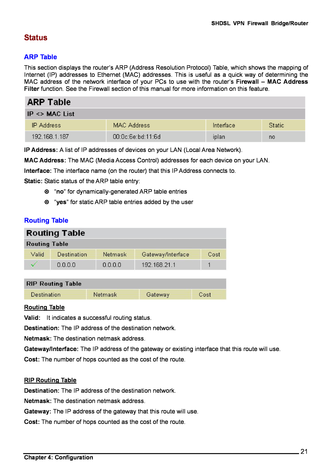 Billion Electric Company 8501 user manual Status, ARP Table, RIP Routing Table 