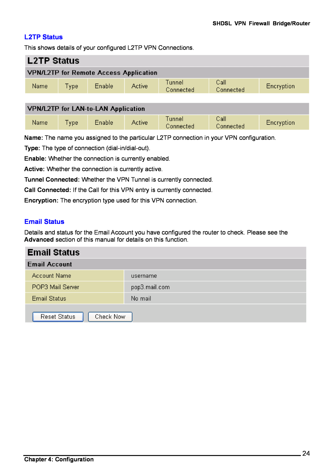 Billion Electric Company 8501 user manual L2TP Status, Email Status 