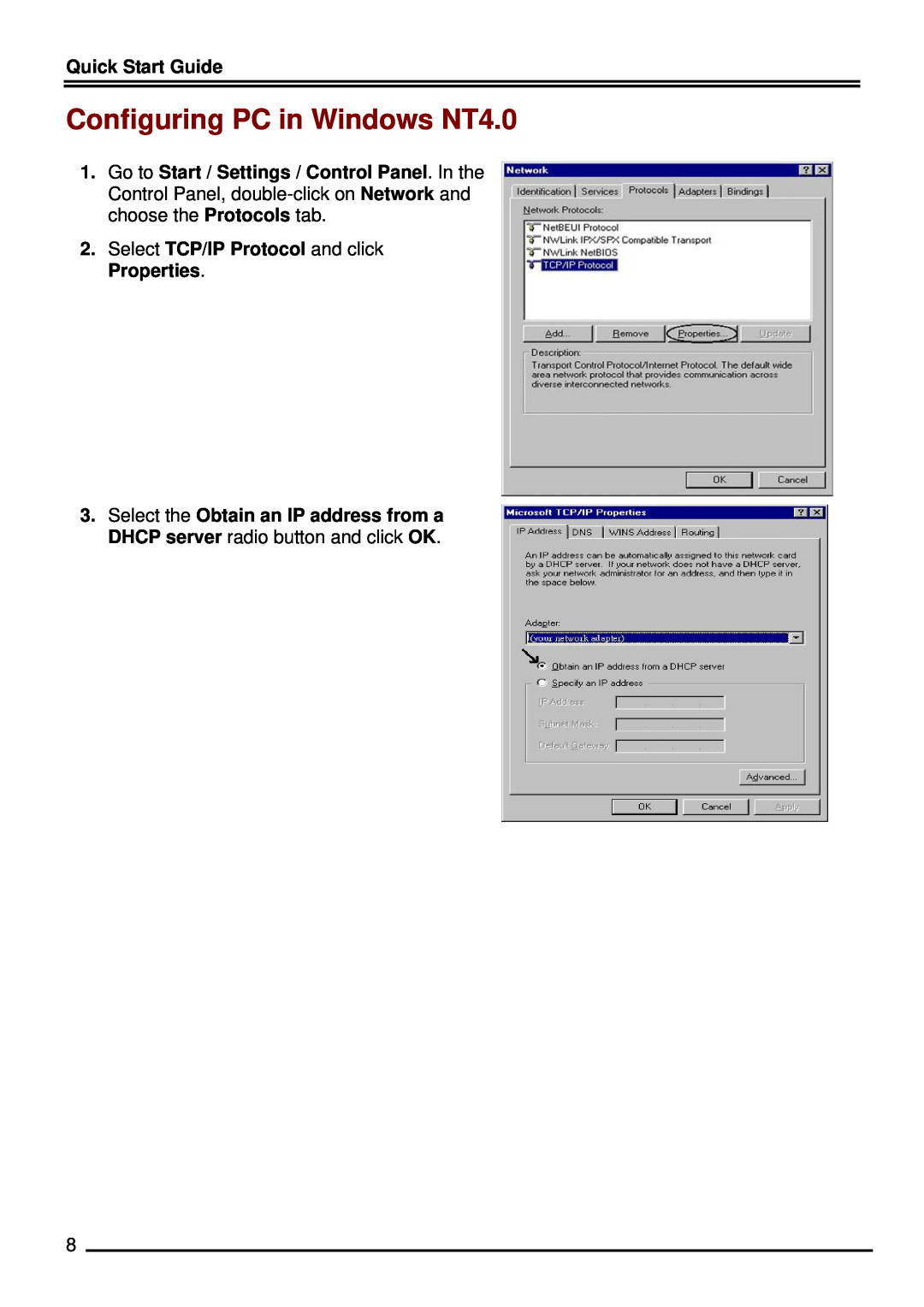 Billion Electric Company 8520 quick start Configuring PC in Windows NT4.0 