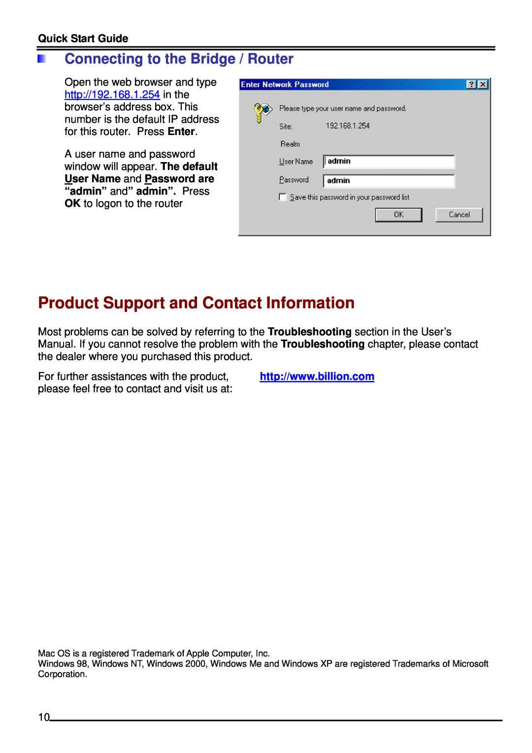 Billion Electric Company 8520 quick start Product Support and Contact Information, Connecting to the Bridge / Router 