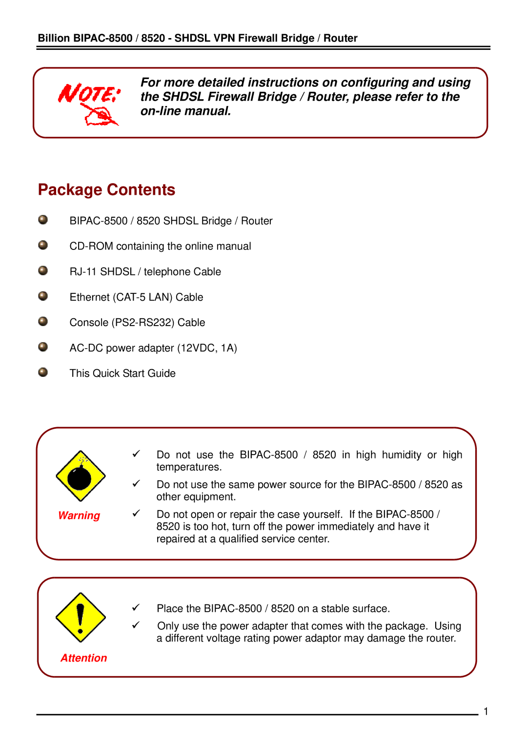 Billion Electric Company 8520 quick start Package Contents 