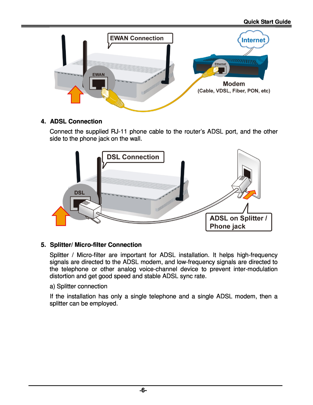 Billion Electric Company BEC 7800(N) quick start ADSL Connection, Splitter/ Micro-filter Connection 