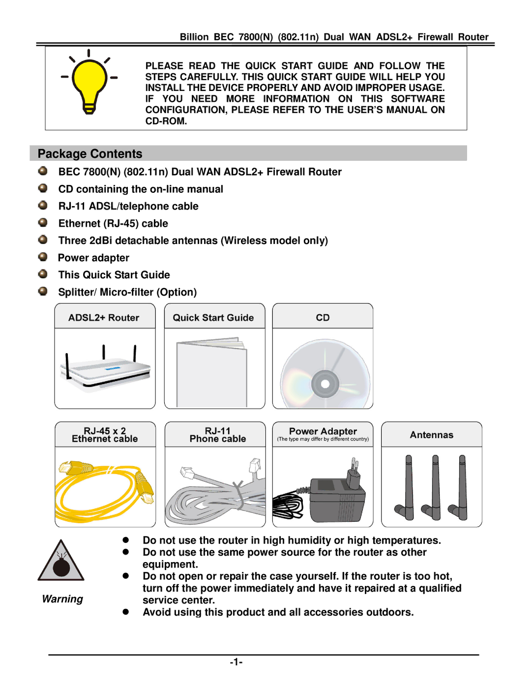 Billion Electric Company BEC 7800(N) quick start Package Contents 